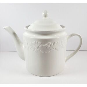Martha Stewart discontinued White Ceramic Teapot with Leaf and Acorn Pattern
